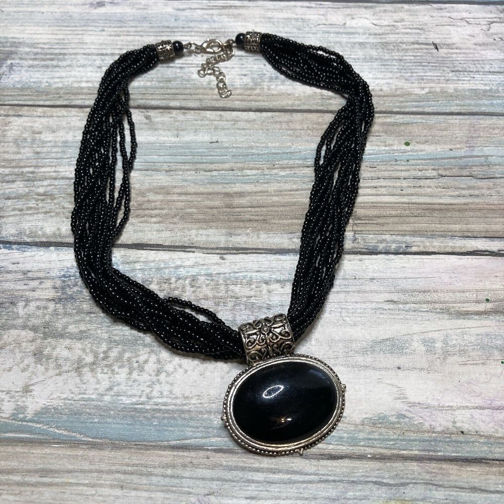 Black Multi-Strand Seed Bead Necklace Pendant 15"